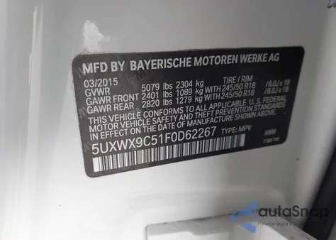 2015 BMW X3 xDrive28I из США, поврежденный, VIN 5UXWX9C51F0D62267